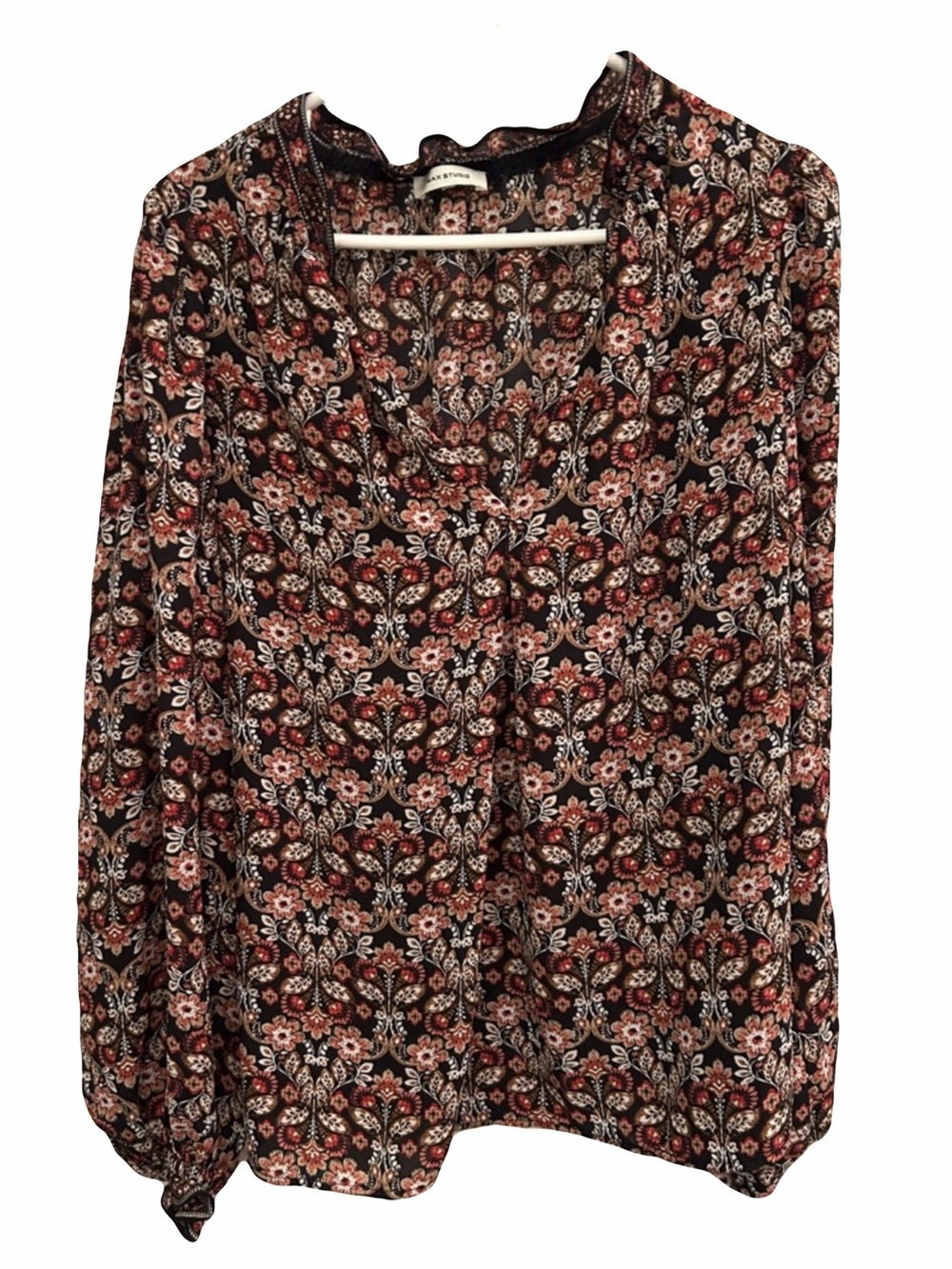 Max Studio Black Floral V-Neck Long Sleeve Blouse with Rust and Cream Accents